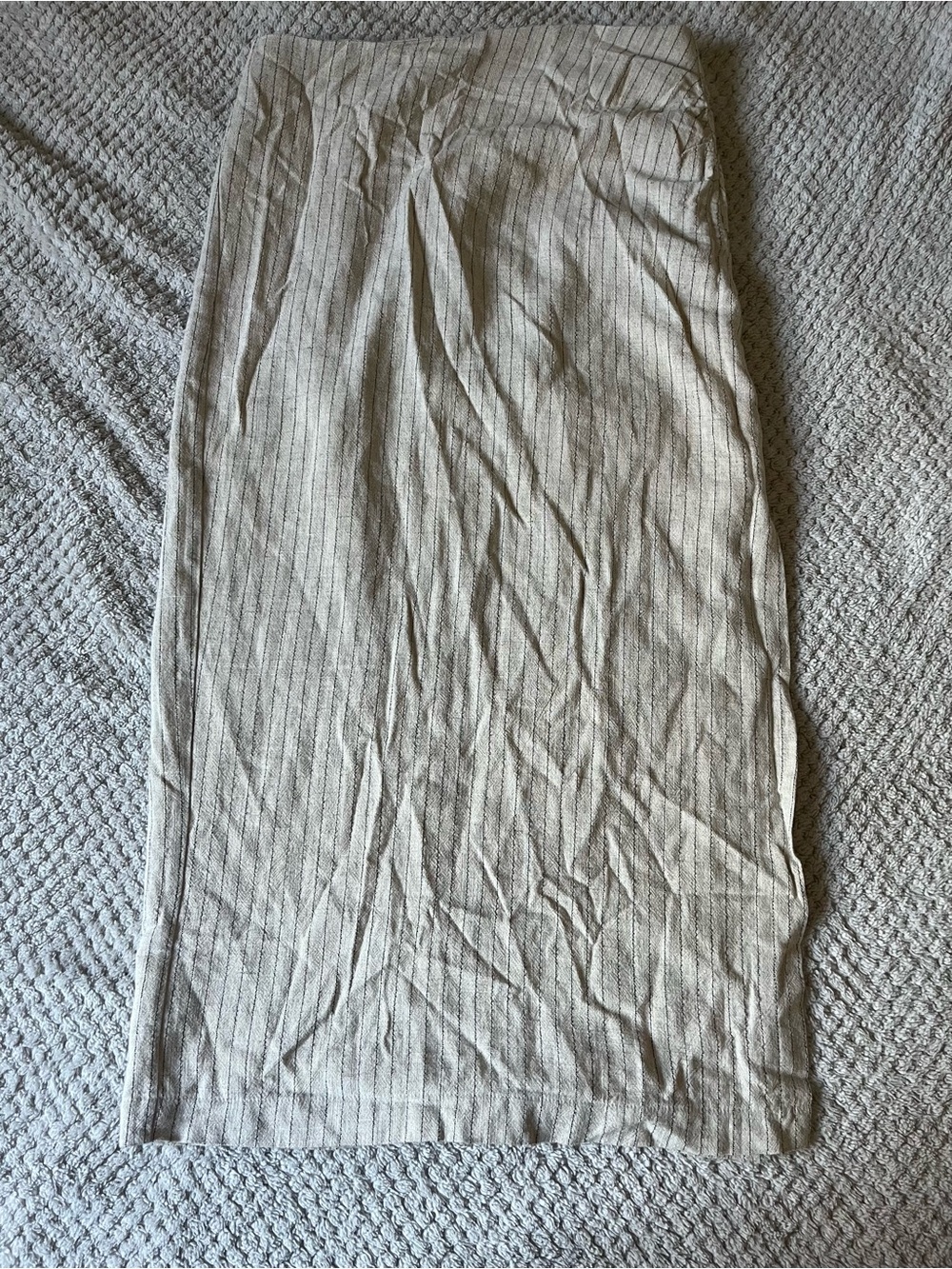 Miou Muse Neutral linen blend Beige Pinstripe Midi Length Pencil Skirt